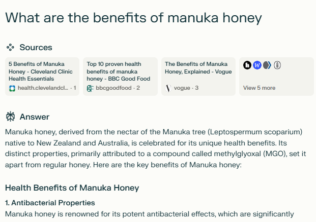 kết quả tìm kiếm “what are the benefits of manuka honet" trên Perplexity.ai