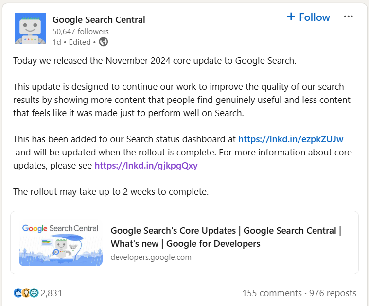 google core update 2024 tháng 11