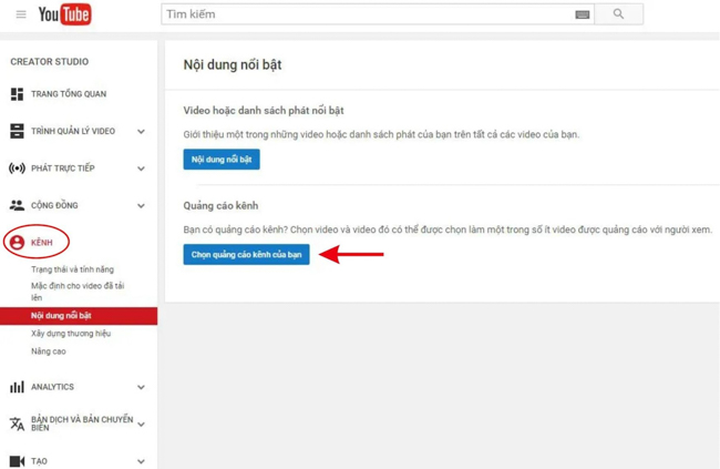 cho phép quảng cáo kênh Youtube của mình
