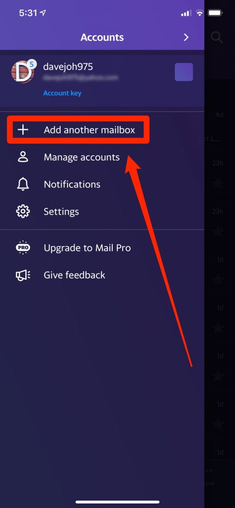 Menu để thêm tài khoản trong app Yahoo Mail