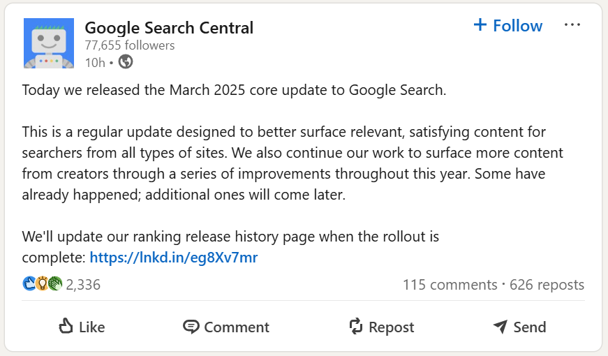 Thông báo của Google về Google Core Update 2025 tháng 3 trên LinkedIn