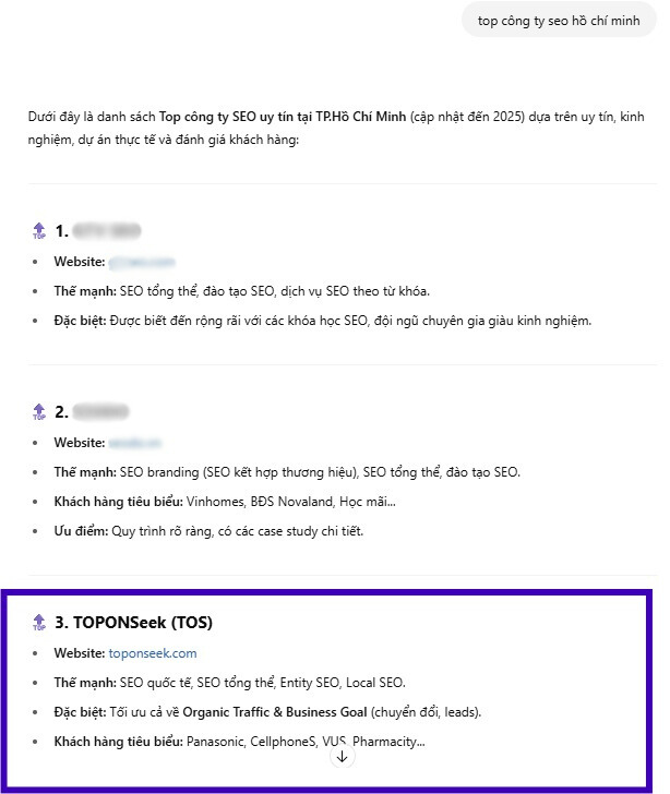 TopOnSeek xuất hiện trong kết quả câu trả lời của ChatGPT cho truy vấn “top công ty seo hồ chí minh”