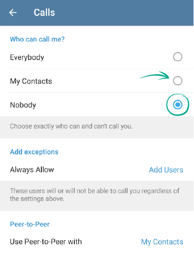 Hạn chế cuộc gọi Telegram từ số lạ với cài đặt người gọi trong danh bạ