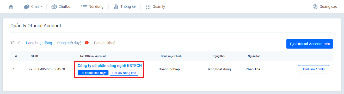 Truy cập Zalo OA