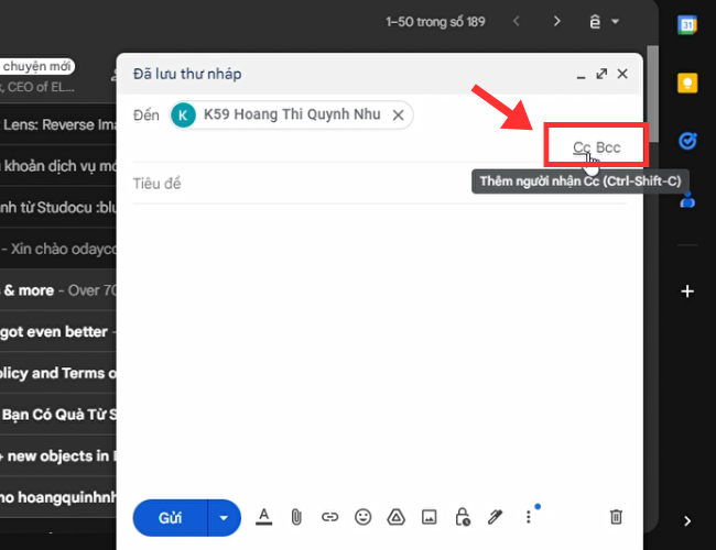 Nhấp chuột để mở chế độ CC hoặc BCC - cc trong email là gì