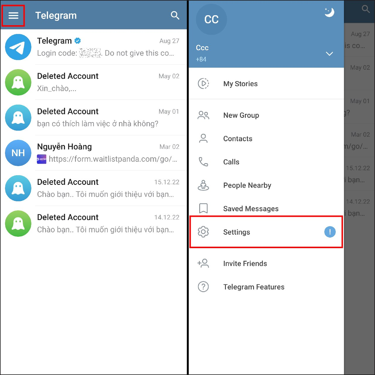 Vào cài đặt Telegram