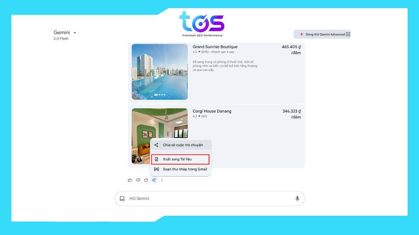 Tính năng xuất nội dung sang Google tài liệu của Gemini