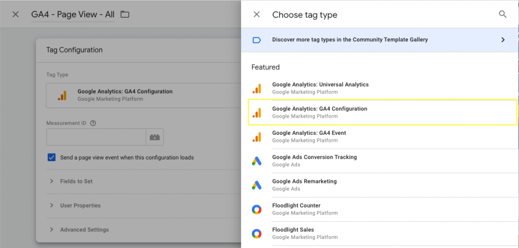Chọn loại thẻ thích hợp trong Google tag manager GA4