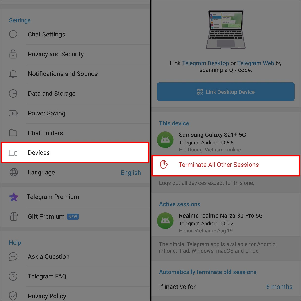 Kiểm tra thiết bị đăng nhập tài khoản Telegram