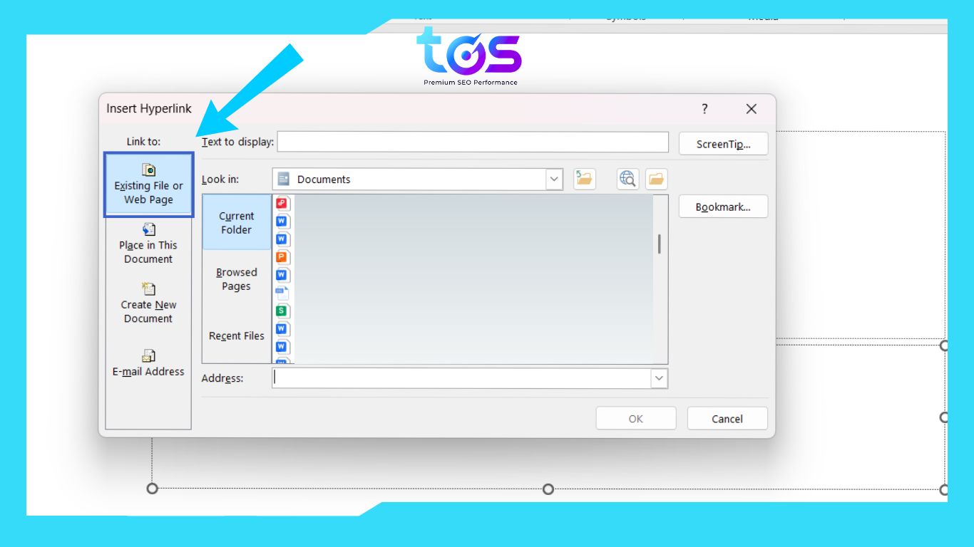 chọn mục Existing File or Web Page để liên kết đến một trang web hoặc tệp có sẵn